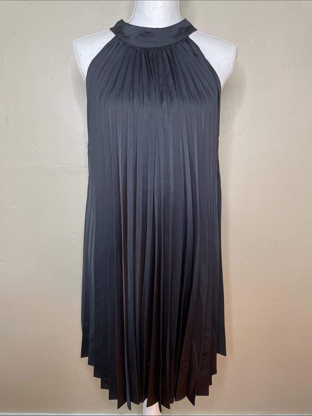 PETAL & PUP Black Halter Neck Plisse Accordion Pleat Mini Swing Dress Medium